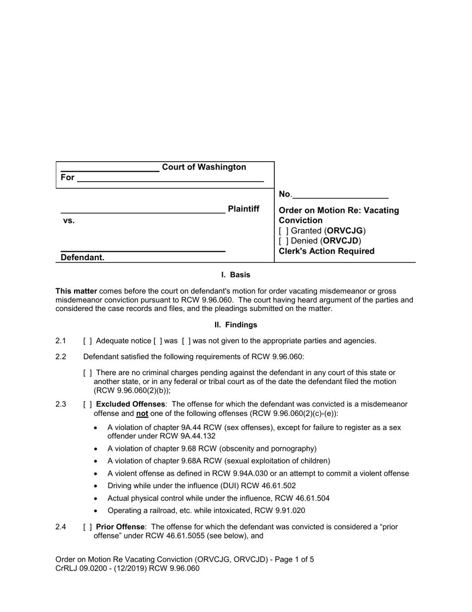 Form CrRLJ09.0200 Order on Motion Re: Vacating Conviction - Washington, Page 1