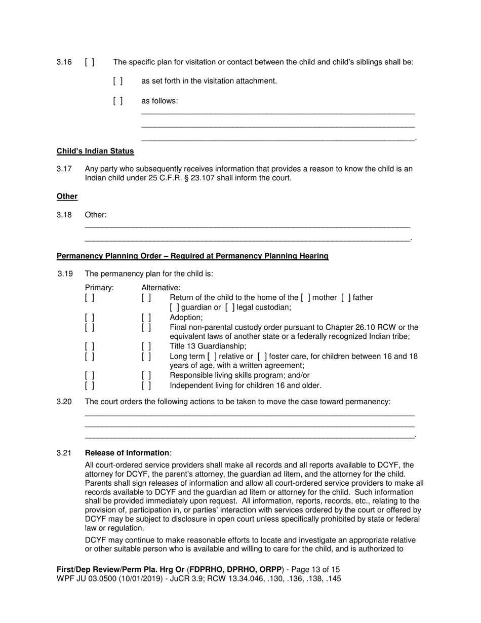Form WPF JU03.0500 Order After Hearing: First Dependency Review / Dependency Review / Permanency Planning - Washington, Page 13