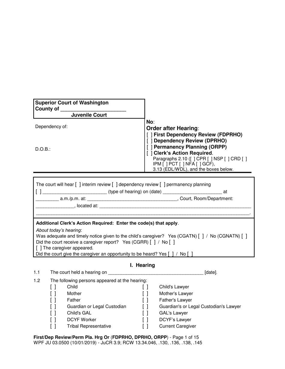 Form WPF JU03.0500 Order After Hearing: First Dependency Review / Dependency Review / Permanency Planning - Washington, Page 1