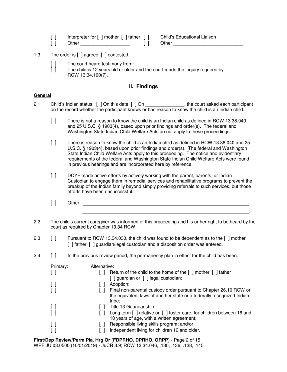 Form WPF JU03.0500 Order After Hearing: First Dependency Review / Dependency Review / Permanency Planning - Washington, Page 2