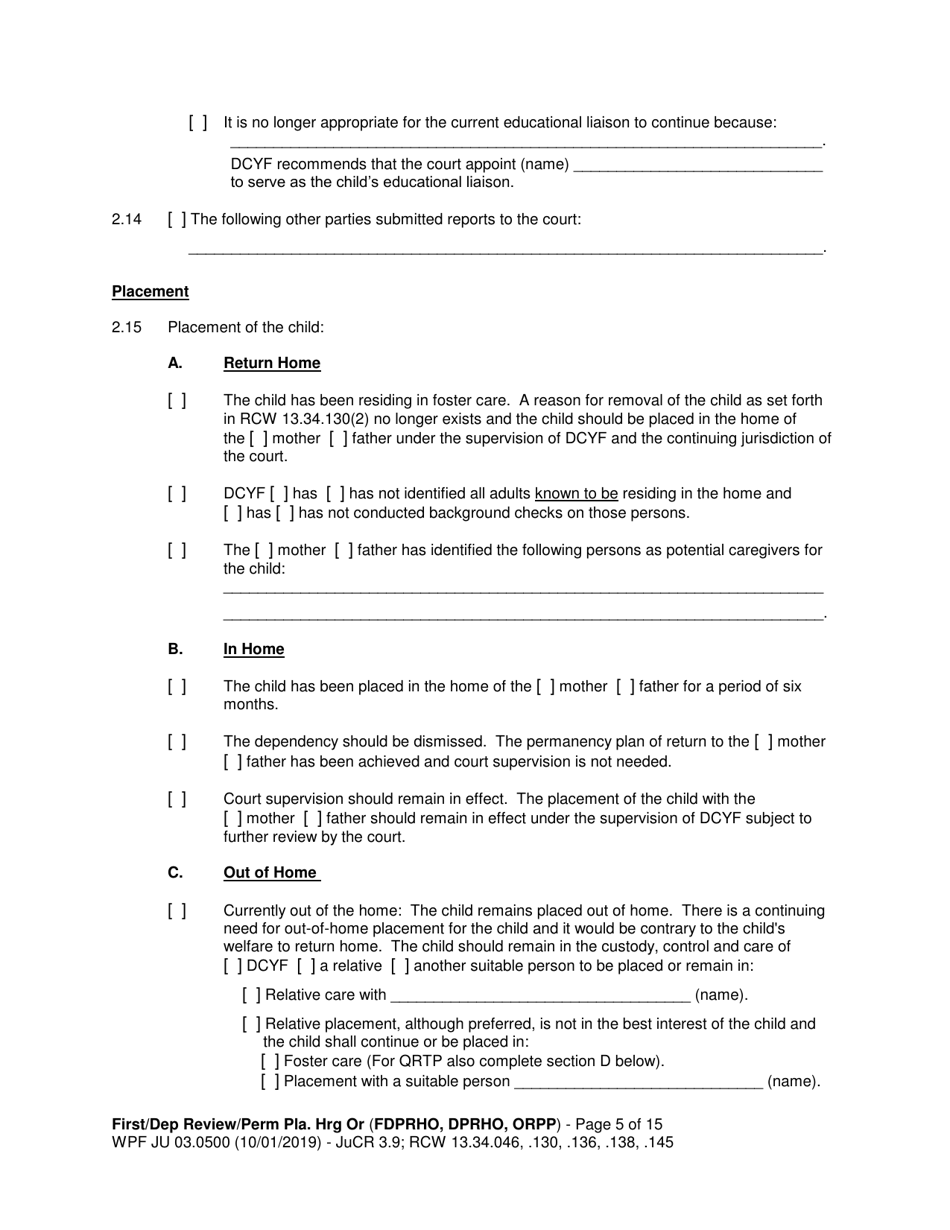 Form WPF JU03.0500 Order After Hearing: First Dependency Review / Dependency Review / Permanency Planning - Washington, Page 5