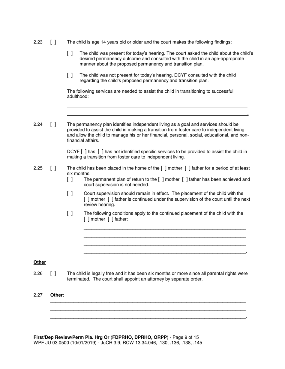 Form WPF JU03.0500 Order After Hearing: First Dependency Review / Dependency Review / Permanency Planning - Washington, Page 9