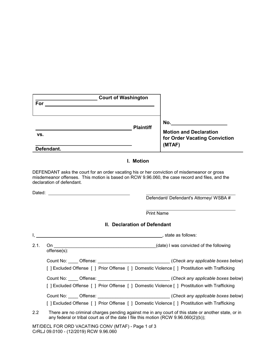 Form CrRLJ09.0100 Motion and Declaration for Order Vacating Conviction (Mtaf) - Washington, Page 1