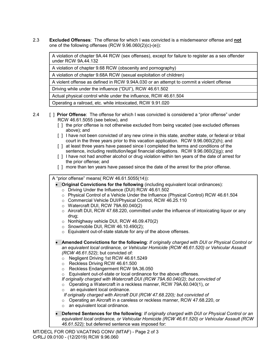 Form CrRLJ09.0100 Motion and Declaration for Order Vacating Conviction (Mtaf) - Washington, Page 2