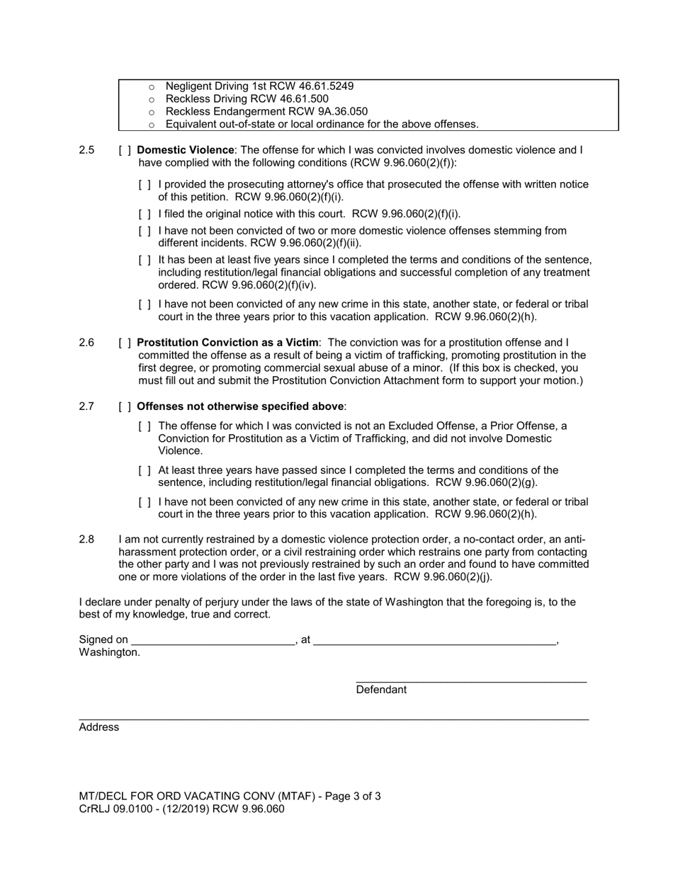 Form CrRLJ09.0100 Motion and Declaration for Order Vacating Conviction (Mtaf) - Washington, Page 3