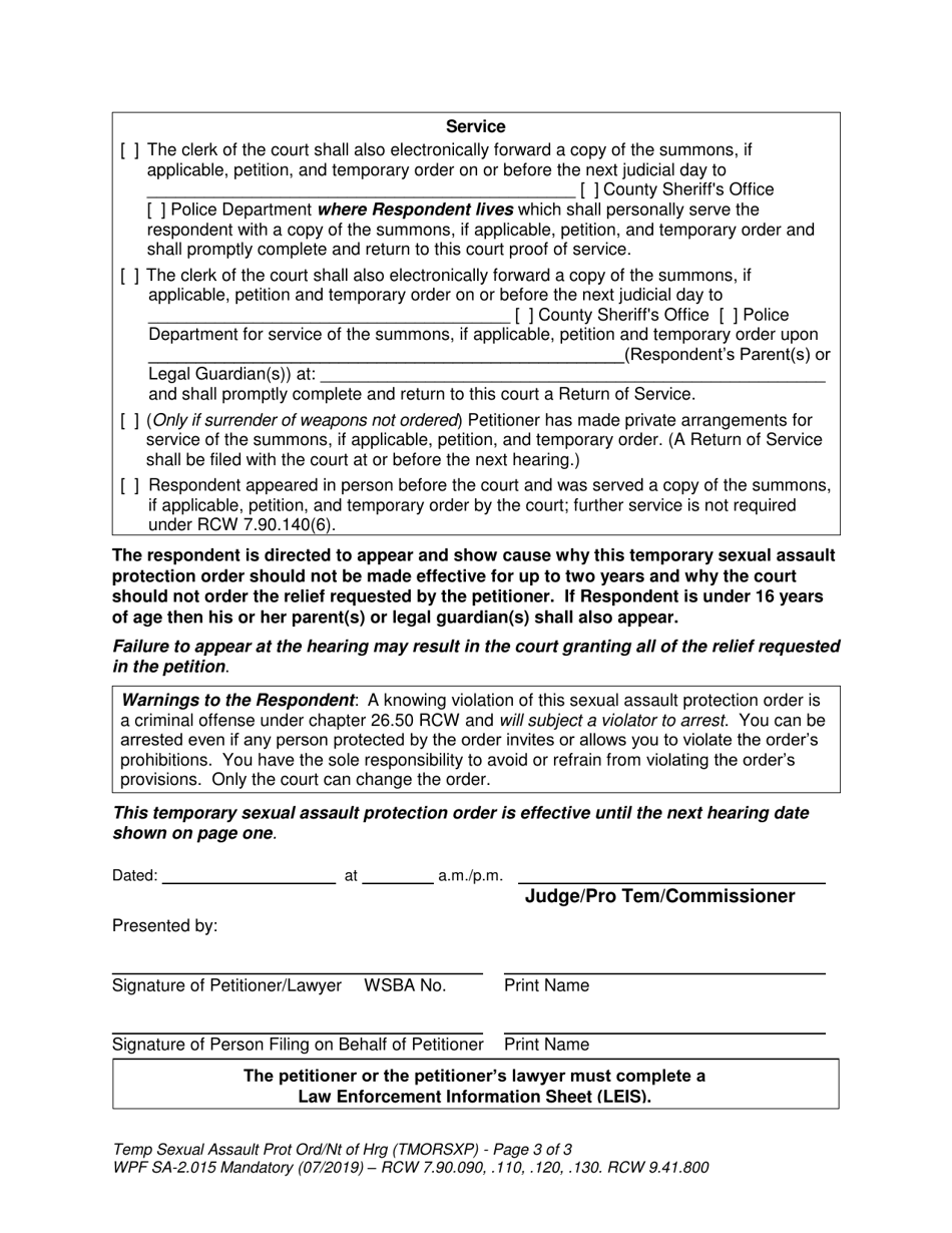 Form WPF SA-2.015 Temporary Sexual Assault Protection Order and Notice of Hearing (Tmorsxp) - Washington, Page 3