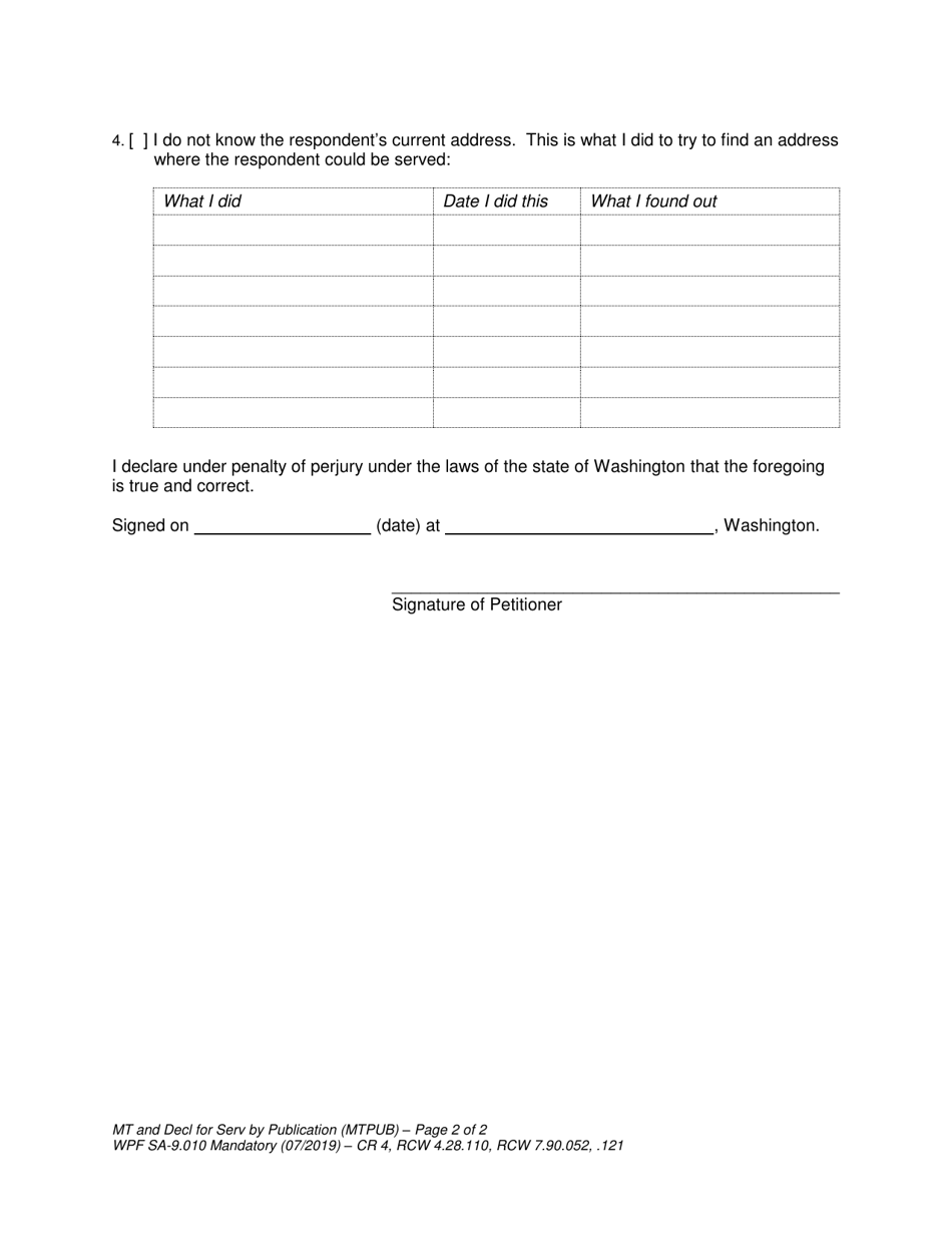 Form WPF SA-9.010 Motion and Declaration for Service of Summons by Publication (Mtpub) - Washington, Page 2