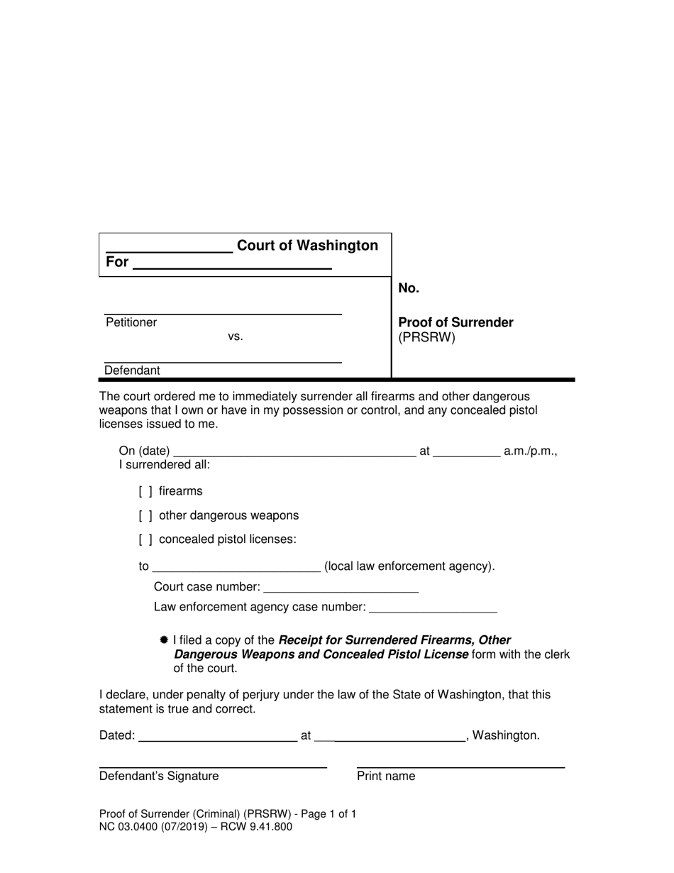 Form NC03.0400 Proof of Surrender (Criminal) - Washington, Page 1