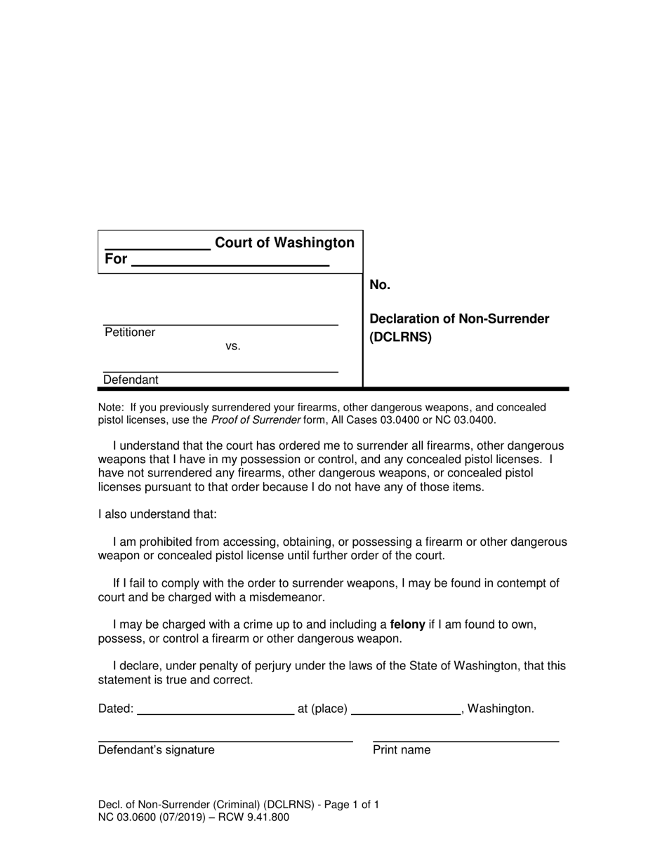 Form NC03.0600 Declaration of Non-surrender (Criminal) - Washington, Page 1