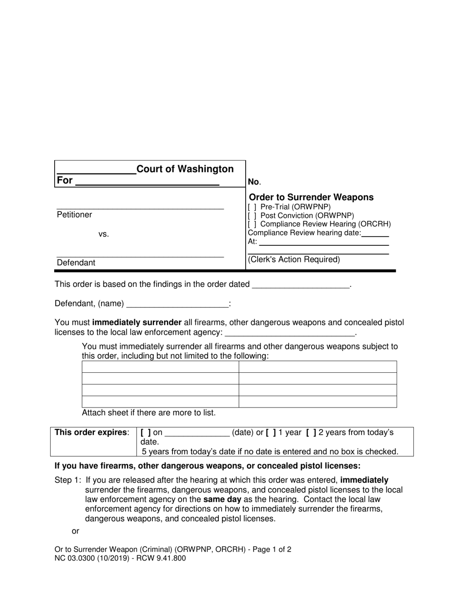 Form NC03.0300 Order to Surrender Weapons (Criminal) - Washington, Page 1