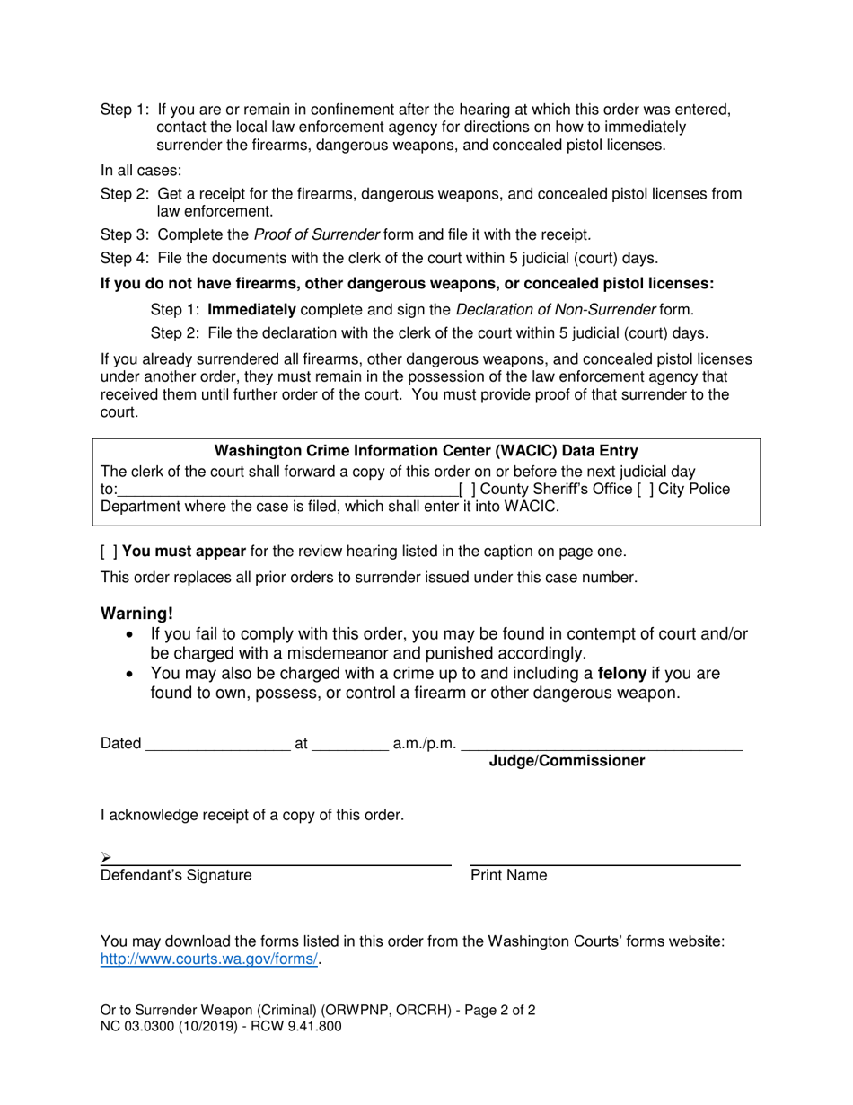Form NC03.0300 Order to Surrender Weapons (Criminal) - Washington, Page 2