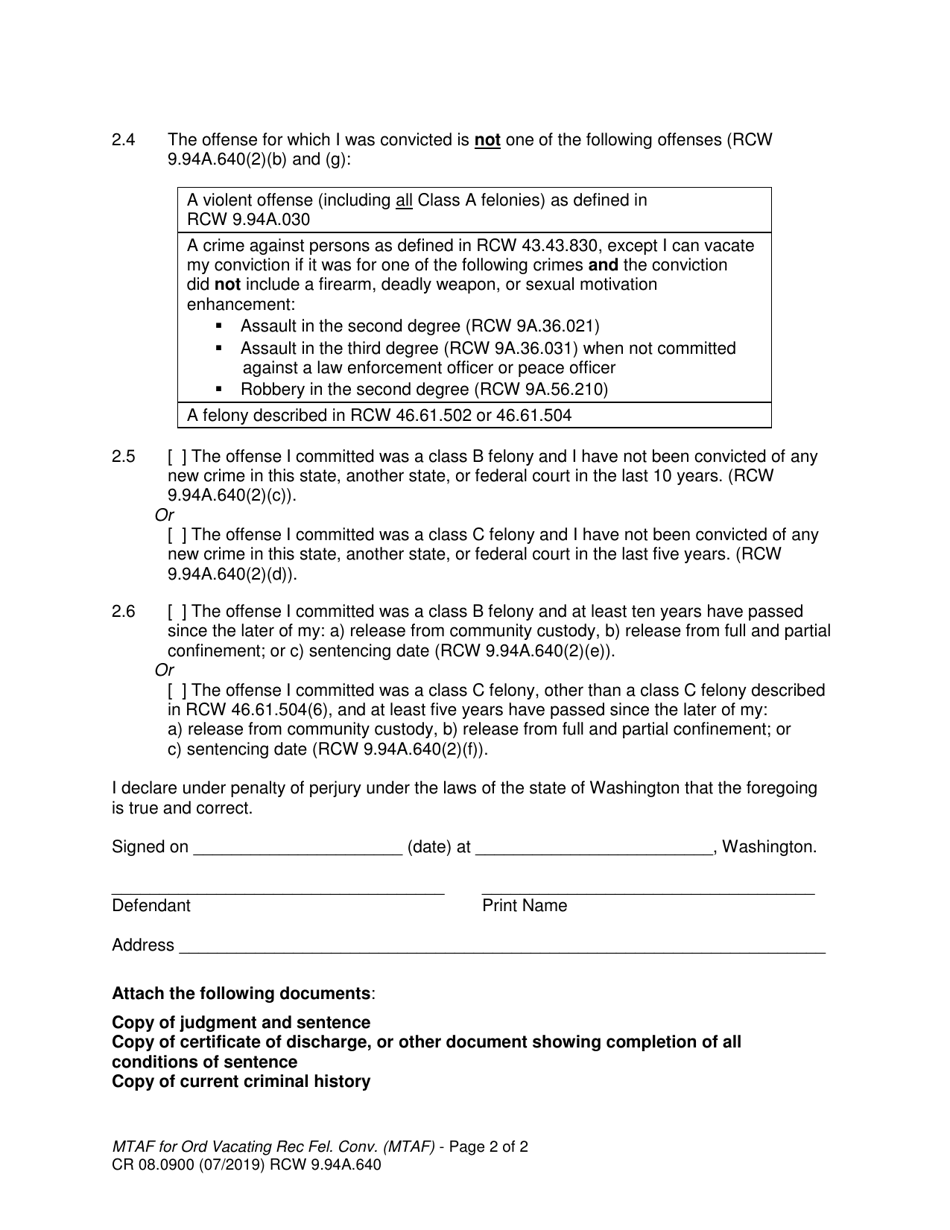 Form CR08.0900 Motion and Declaration for Order Vacating Record of Felony Conviction (Mtaf) - Washington, Page 2