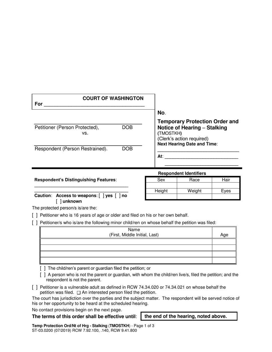 Form ST-03.0200 Temporary Protection Order and Notice of Hearing - Stalking - Washington, Page 1