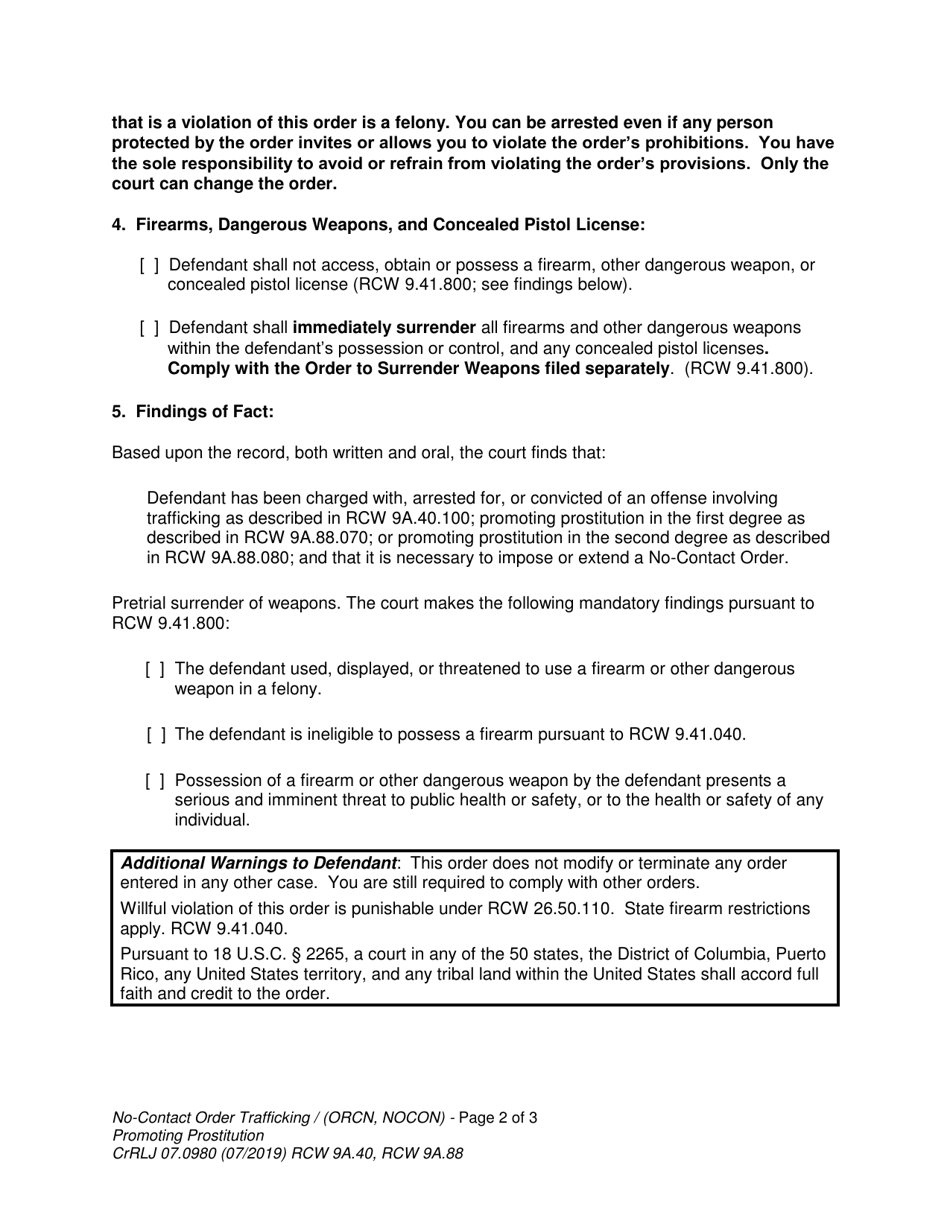 Form CrRLJ07.0980 No-Contact Order - Human Trafficking / Promoting Prostitution - Washington, Page 2