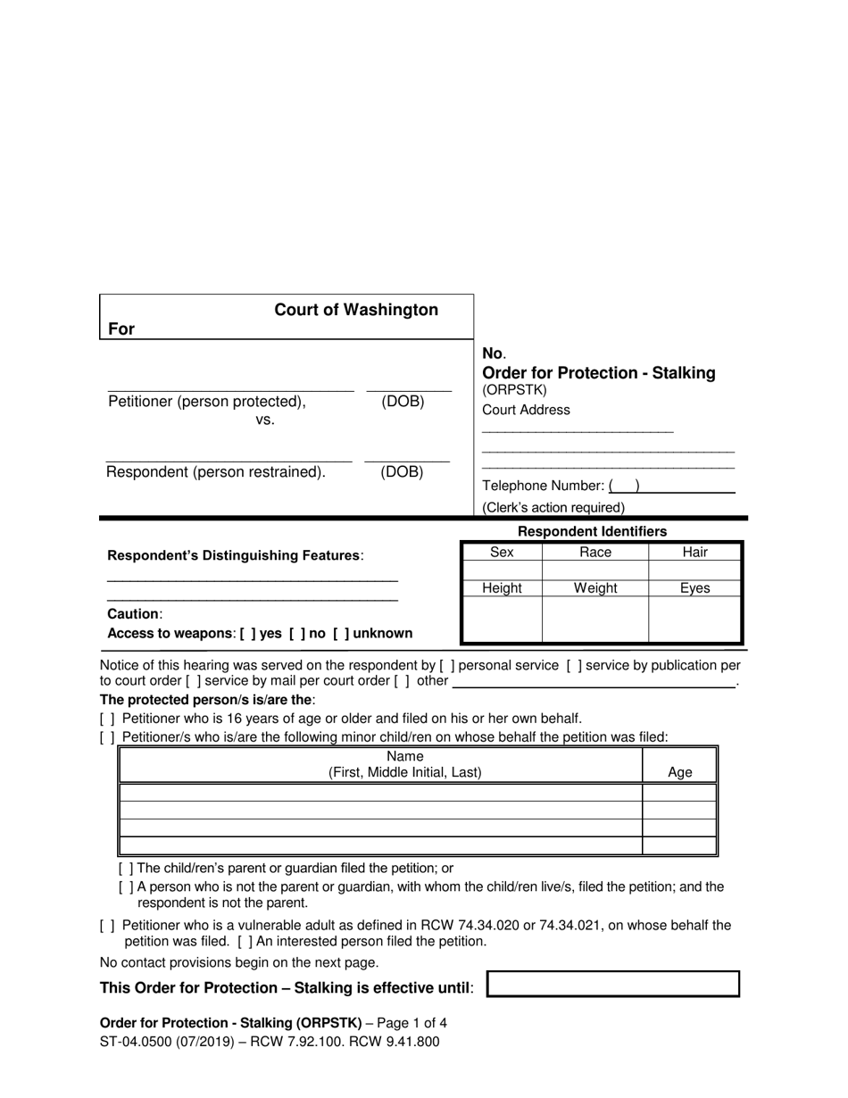 Form ST-04.0500 Order for Protection - Stalking (Orpstk) - Washington, Page 1