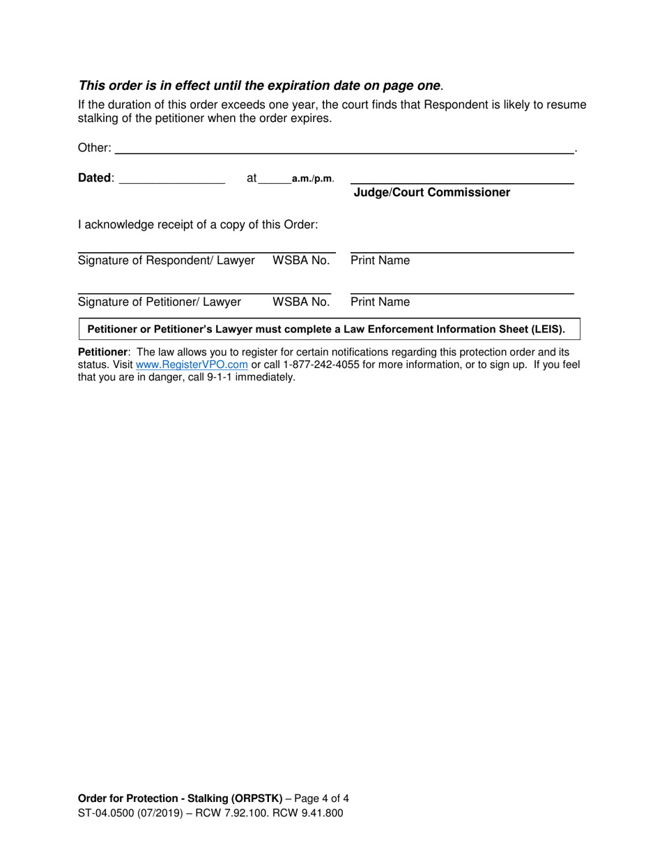 Form ST-04.0500 Order for Protection - Stalking (Orpstk) - Washington, Page 4