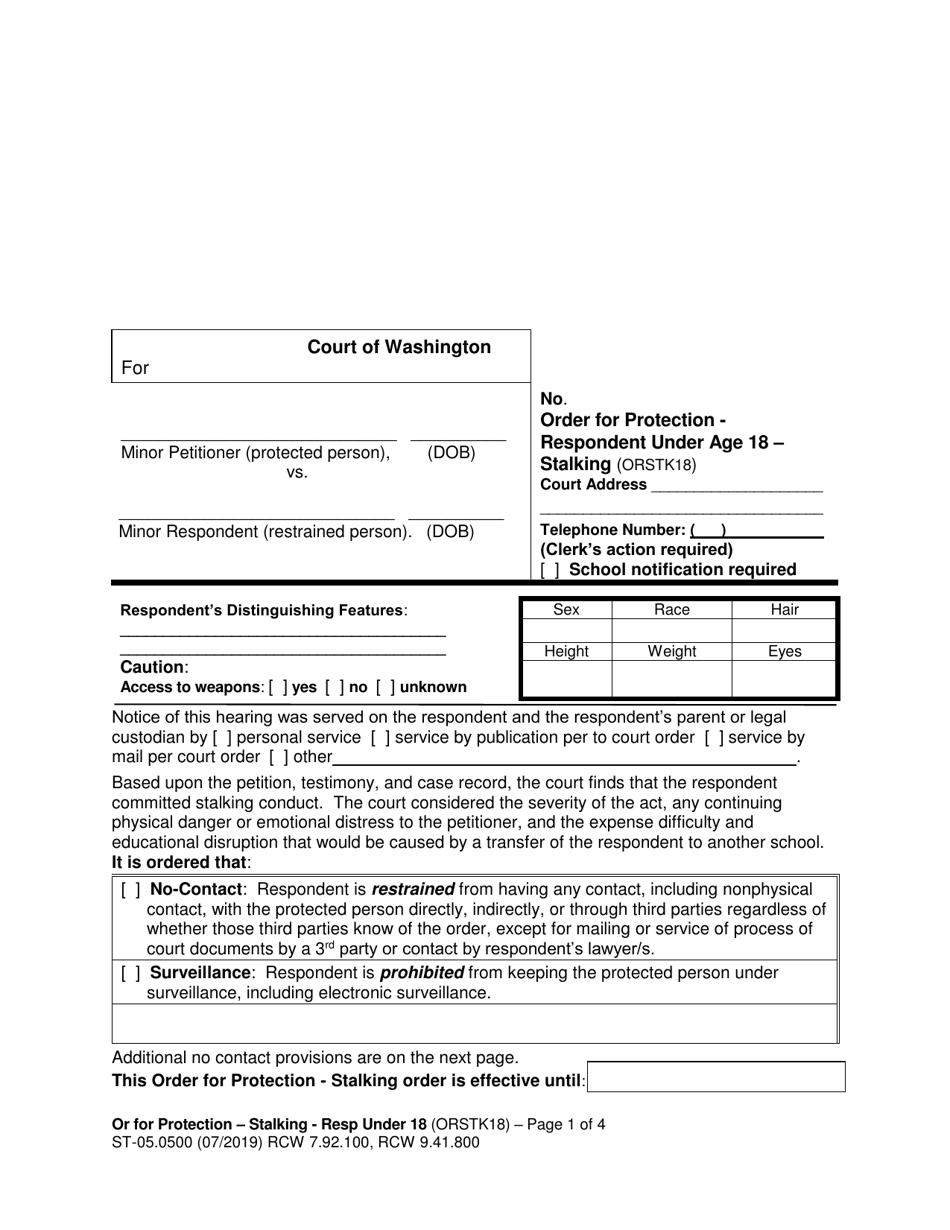 Form ST-05.0500 Order for Protection - Respondent Under Age 18 - Stalking (Orstk18) - Washington, Page 1