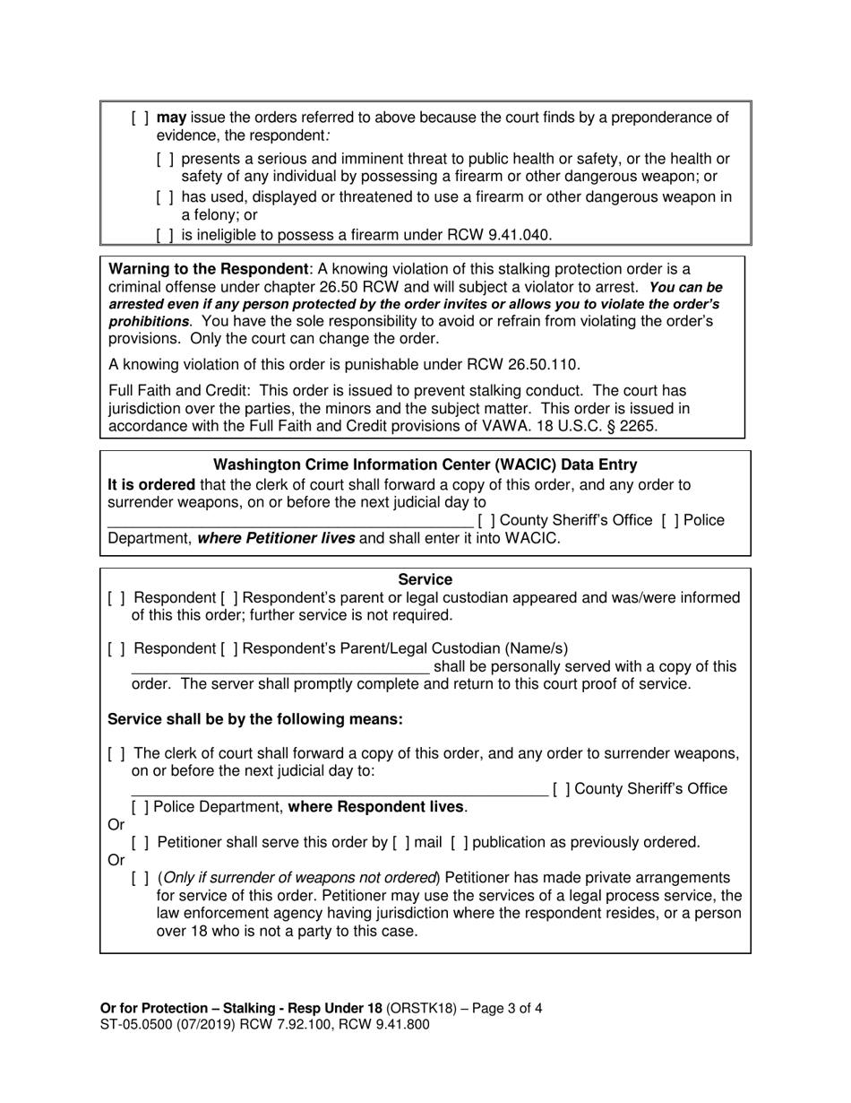 Form ST-05.0500 Order for Protection - Respondent Under Age 18 - Stalking (Orstk18) - Washington, Page 3