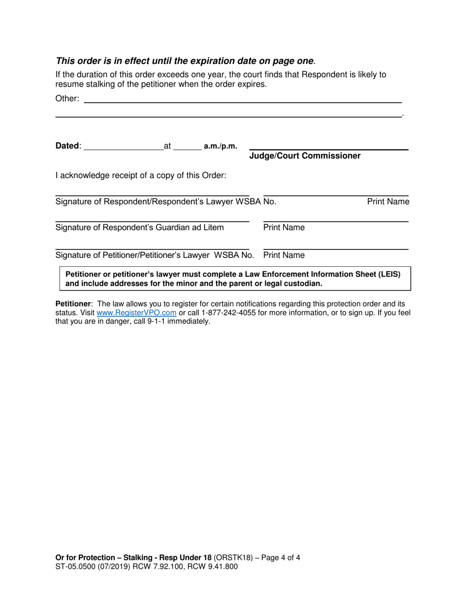 Form ST-05.0500 Order for Protection - Respondent Under Age 18 - Stalking (Orstk18) - Washington, Page 4