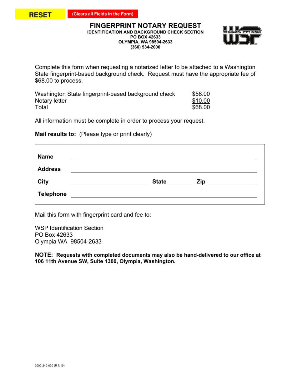 Form 3000-240-030 Fingerprint Notary Request - Washington, Page 1