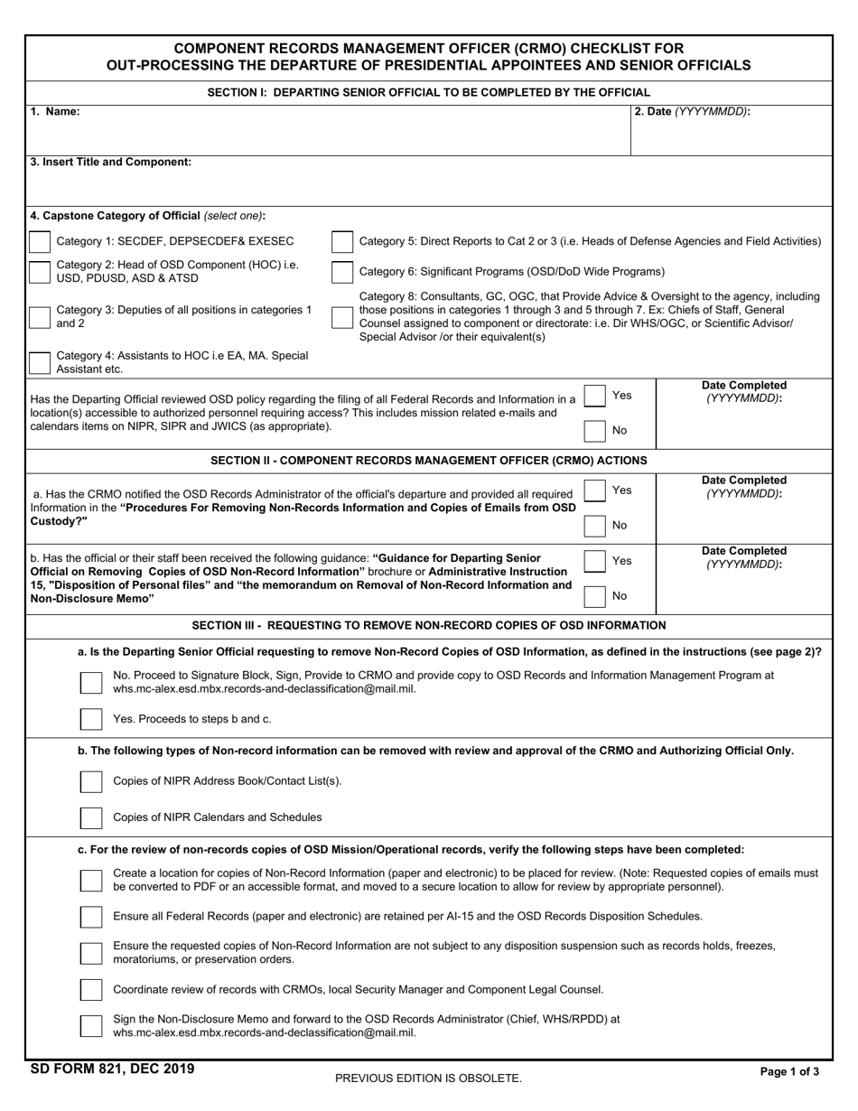SD Form 821 Component Records Management Officer (Crmo) Checklist for out-Processing the Departure of Presidential Appointees and Senior Officials, Page 1