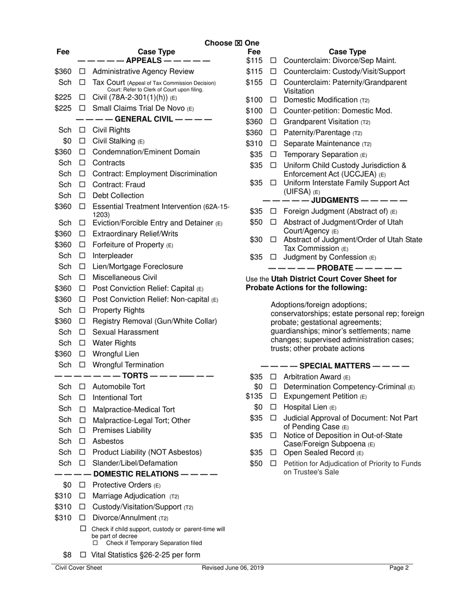 Cover Sheet for Civil Filing Actions Except Probate Cases - Utah (English / Spanish), Page 2