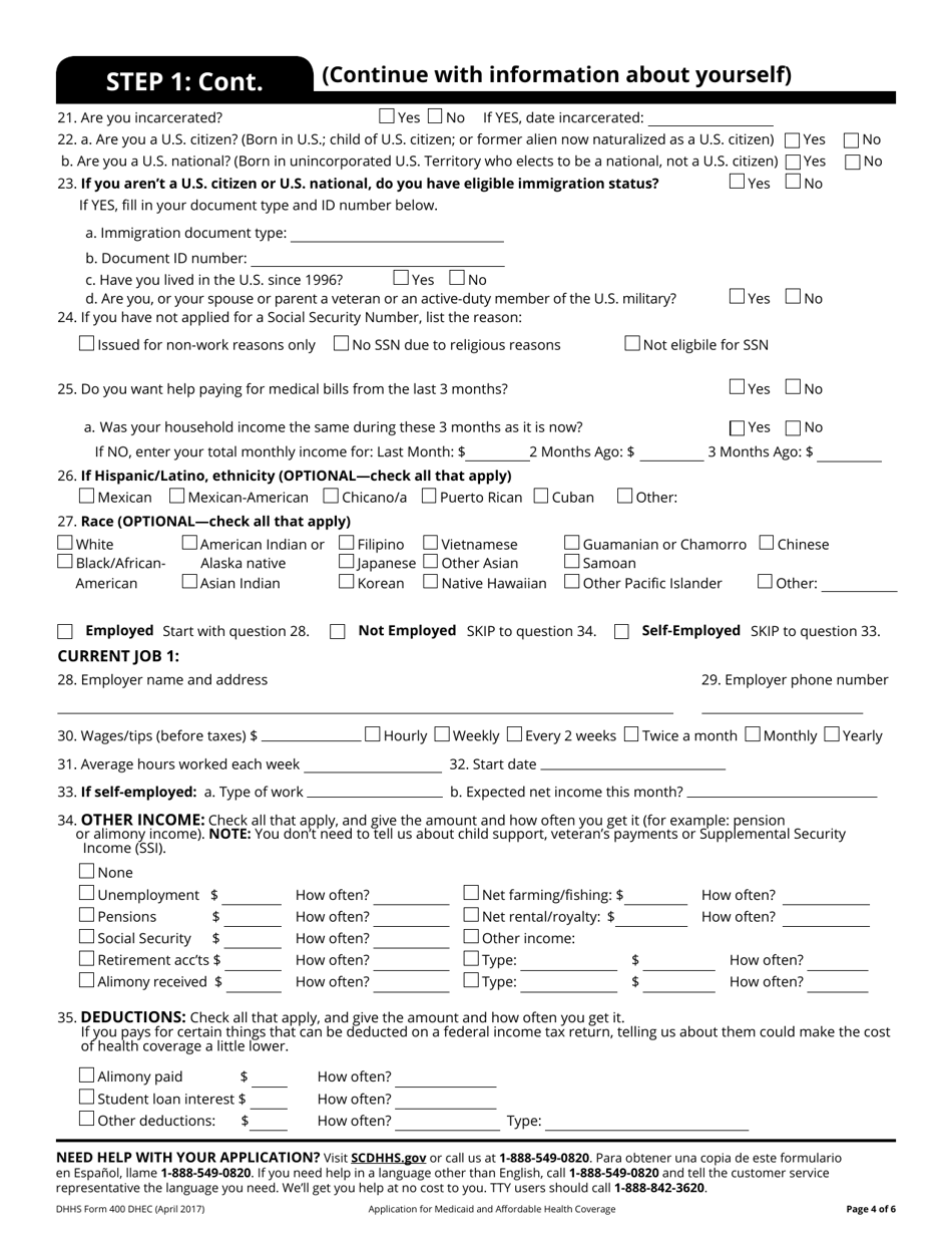 DHHS Form 400 DHEC Application for Medicaidfamily Planning Coverage - South Carolina, Page 4