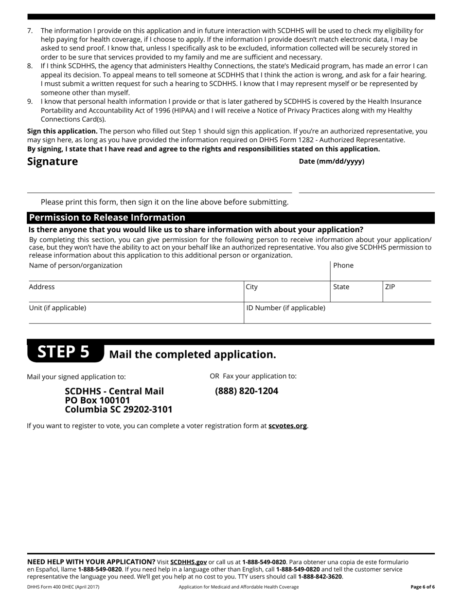 DHHS Form 400 DHEC Application for Medicaidfamily Planning Coverage - South Carolina, Page 6