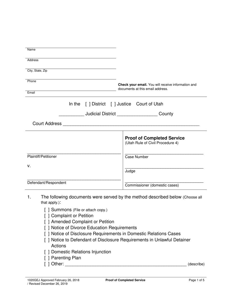 Form 1020GEJ Proof of Completed Service - Utah, Page 1
