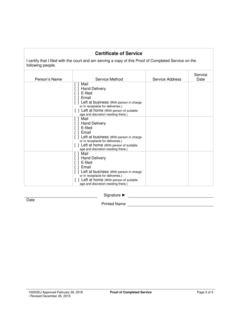 Form 1020GEJ Proof of Completed Service - Utah, Page 5