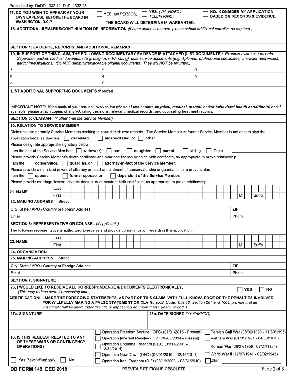 DD Form 149 Download Fillable PDF or Fill Online Application for ...