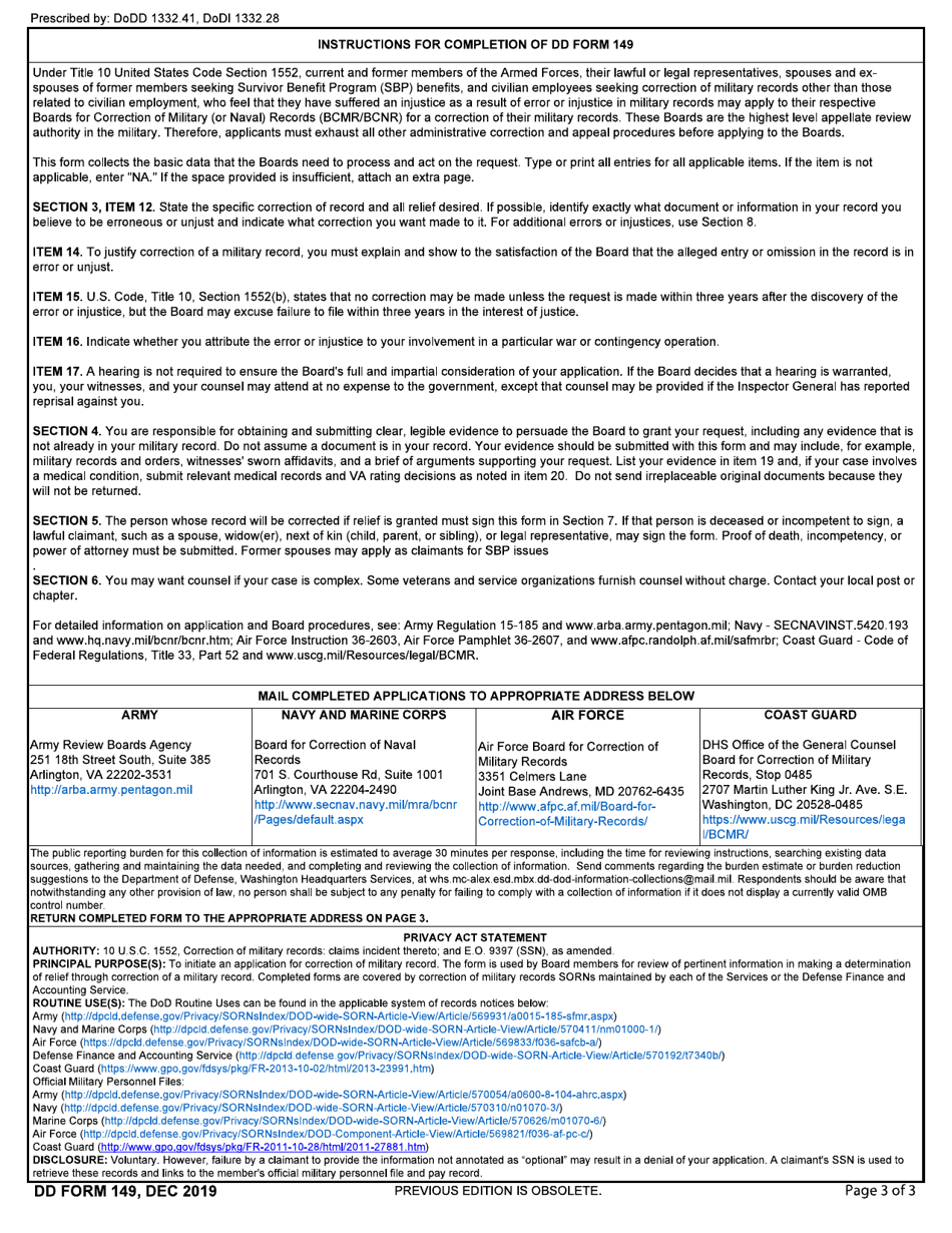DD Form 149 Download Fillable PDF Or Fill Online Application For ...