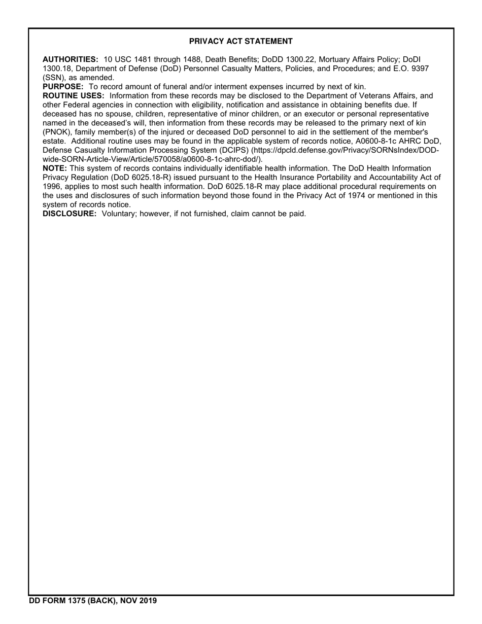 DD Form 1375 Request for Payment of Funeral and / or Interment Expenses, Page 2