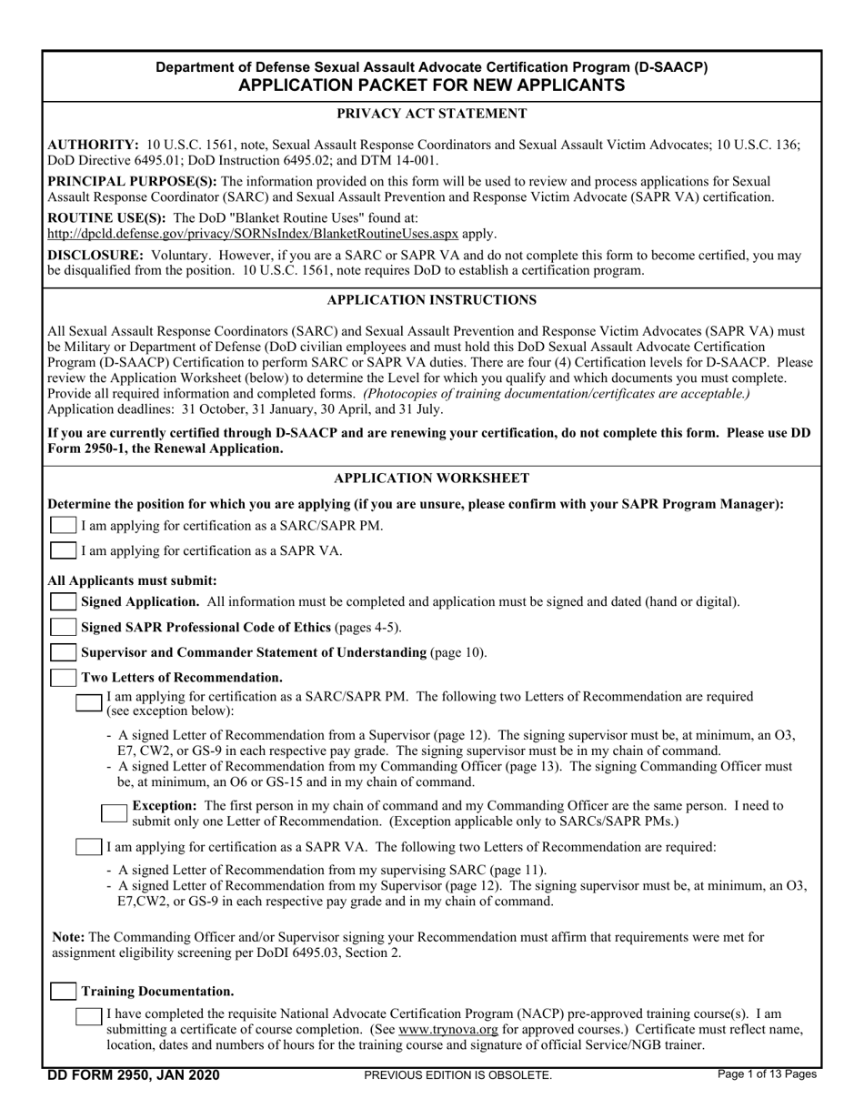 DD Form 2950 Department of Defense Sexual Assault Advocate Certification Program (D-Saacp) Application Packet for New Applicants, Page 1