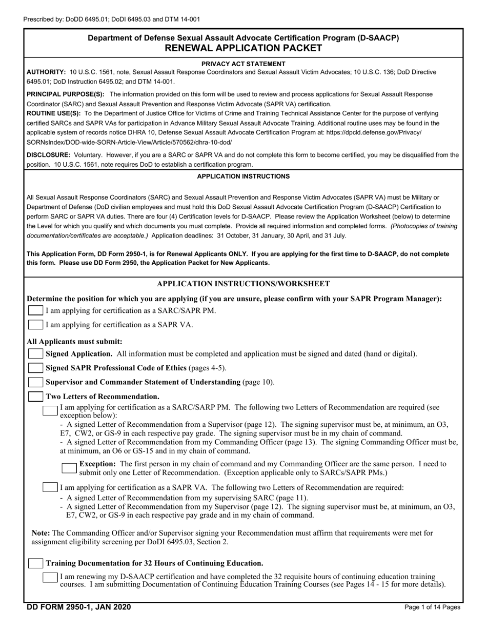 DD Form 2950-1 Department of Defense Sexual Assault Advocate Certification Program (D-Saacp) Application Packet for Renewal Applicants, Page 1