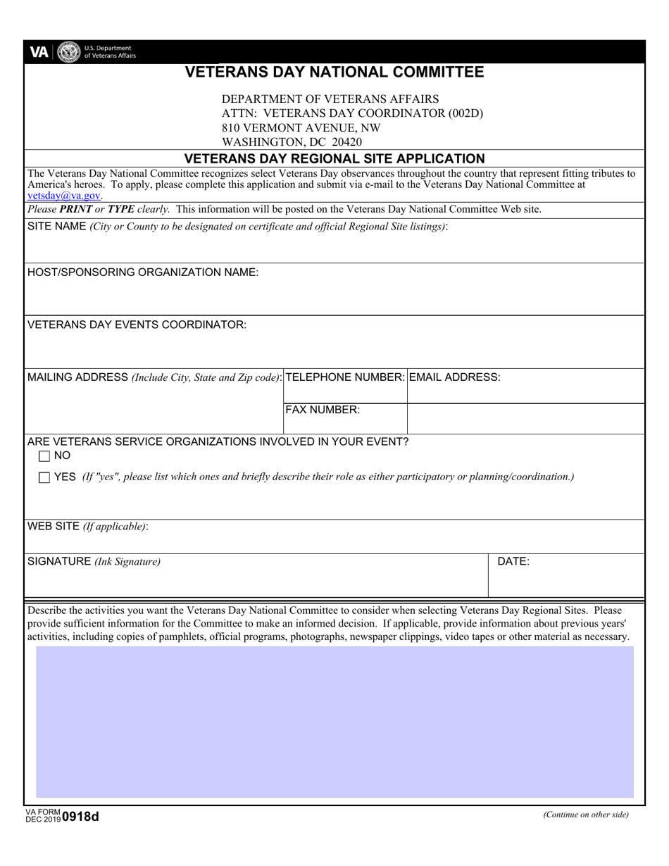 VA Form 0918D Veterans Day National Site Application, Page 1