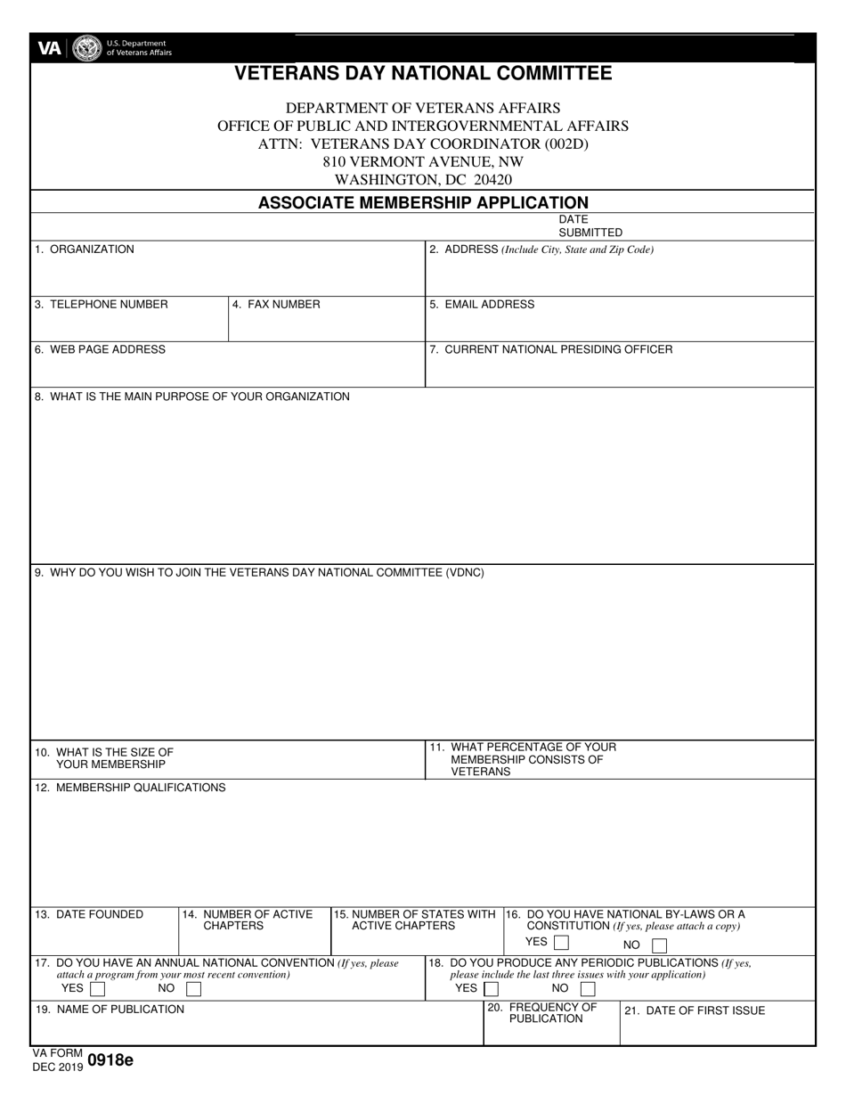 VA Form 0918E Associate Membership Application, Page 1