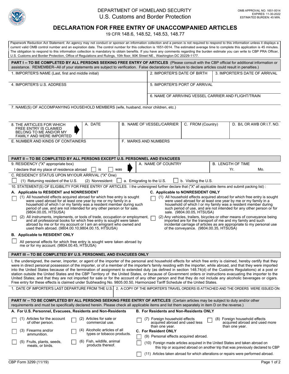 CBP Form 3299 Download Fillable PDF or Fill Online Declaration of Free ...