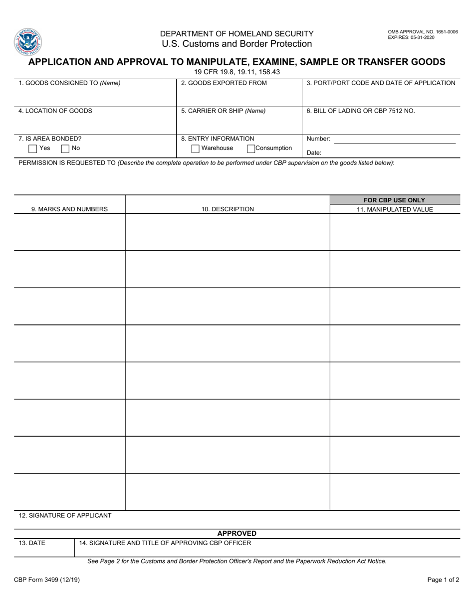 CBP Form 3499 Application and Approval to Manipulate, Examine, Sample, or Transfer Goods, Page 1