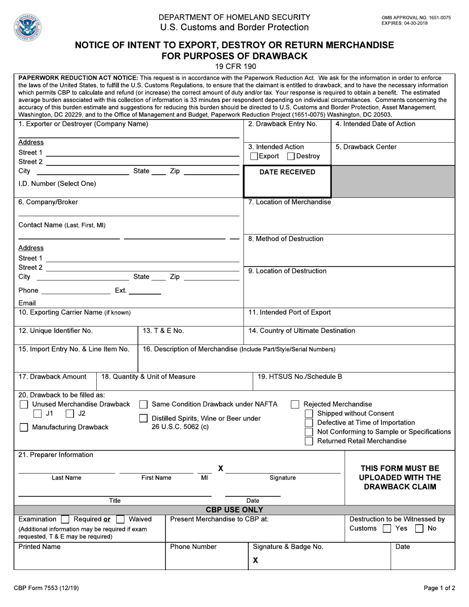 CBP Form 7553 Notice of Intent to Export, Destroy or Return Merchandise for Purposes of Drawback, Page 1