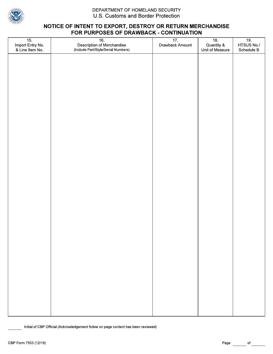 CBP Form 7553 Notice of Intent to Export, Destroy or Return Merchandise for Purposes of Drawback, Page 3
