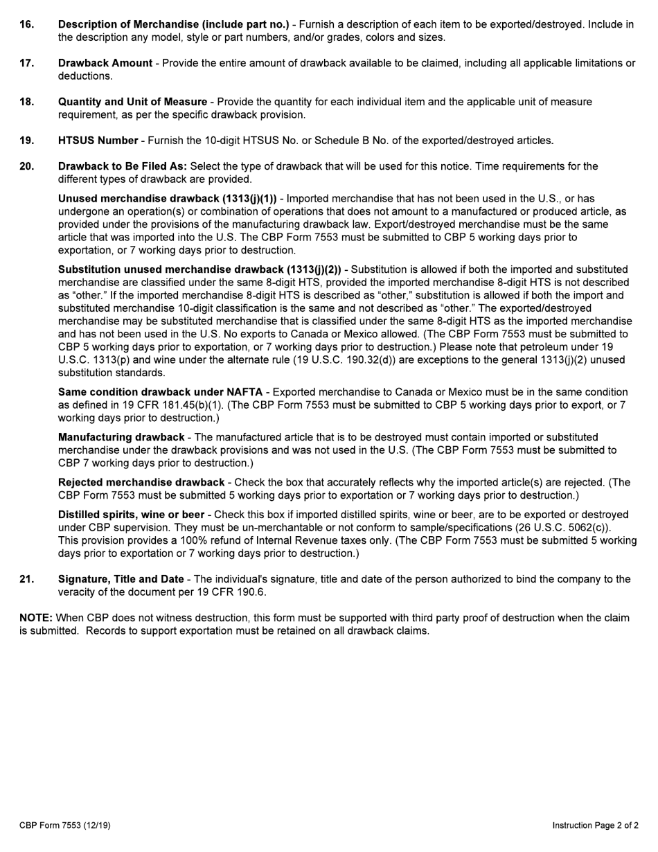 CBP Form 7553 Notice of Intent to Export, Destroy or Return Merchandise for Purposes of Drawback, Page 5
