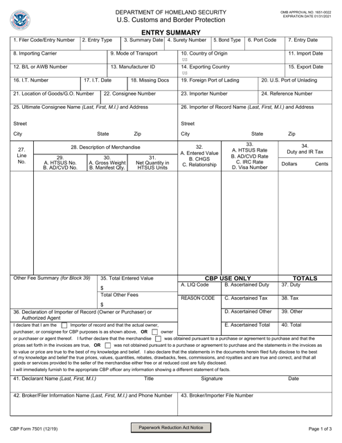 CBP Form 7501  Printable Pdf