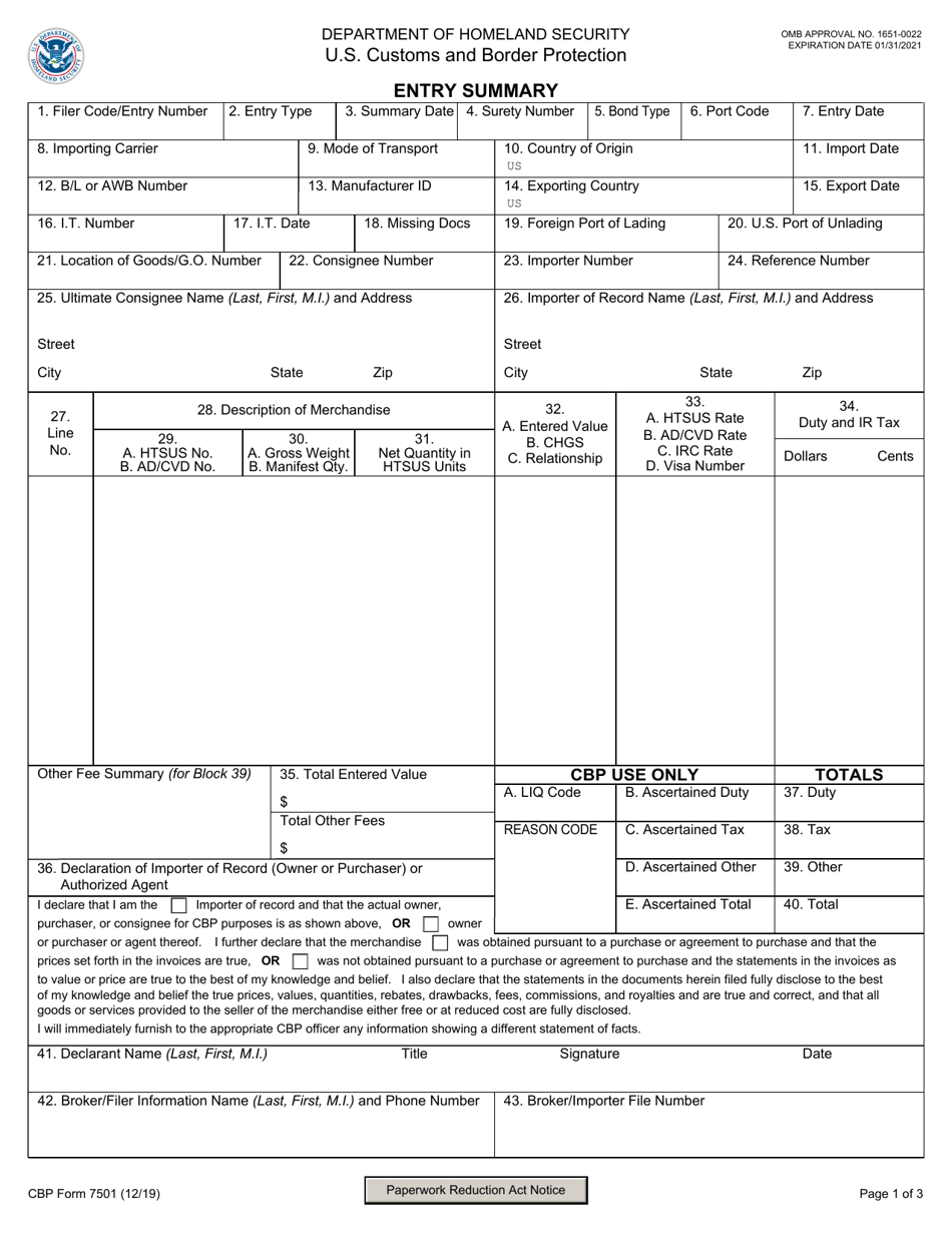 CBP Form 7501 Download Fillable PDF or Fill Online Entry Summary ...