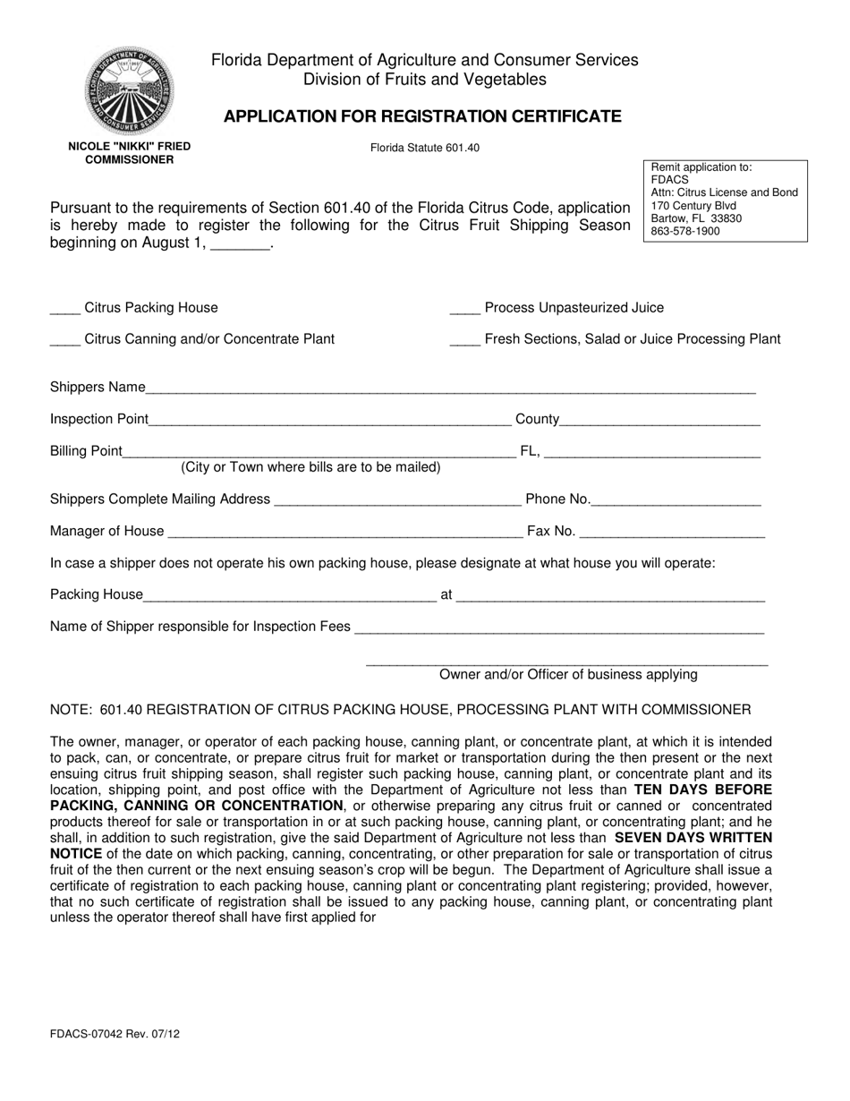 Form FDACS-07042 Application for Registration Certificate - Florida, Page 1