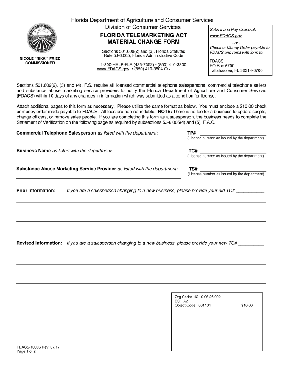 Form FDACS-100006 Florida Telemarketing Act Material Change Form - Florida, Page 1