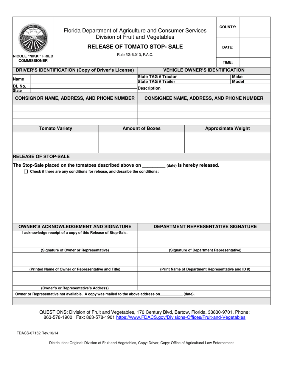 Form FDACS-07152 Release of Tomato Stop-Sale - Florida, Page 1