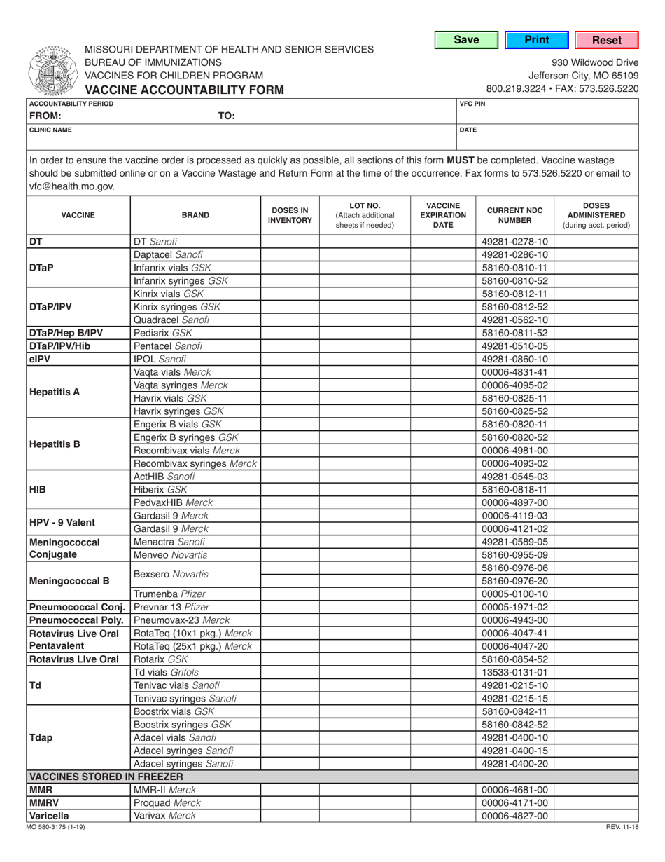 Form MO580-3175 Vaccine Accountability Form - Missouri, Page 1