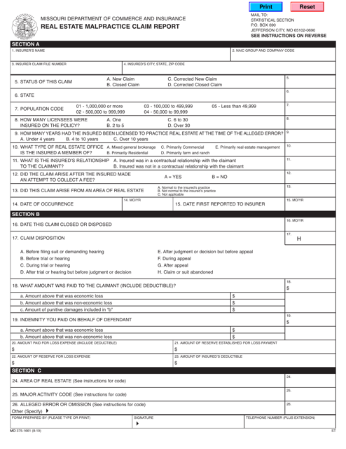 Form MO375-1661 Real Estate Malpractice Claim Report - Missouri