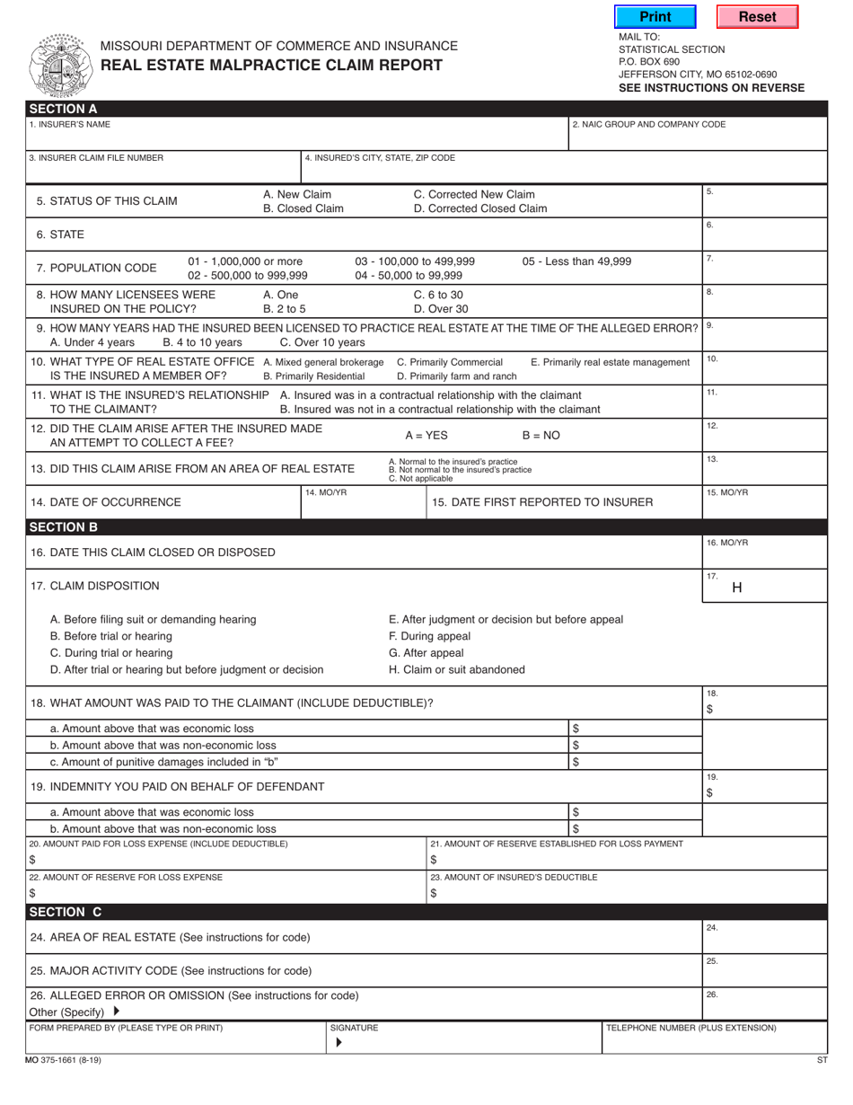 Form MO375-1661 Real Estate Malpractice Claim Report - Missouri, Page 1